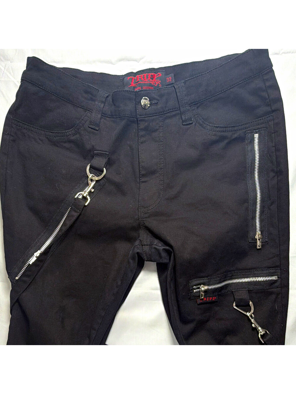 TRIPP NYC Men's Black Punk Solid Jeans Zip Button Strap Buckle Zipper Pockets